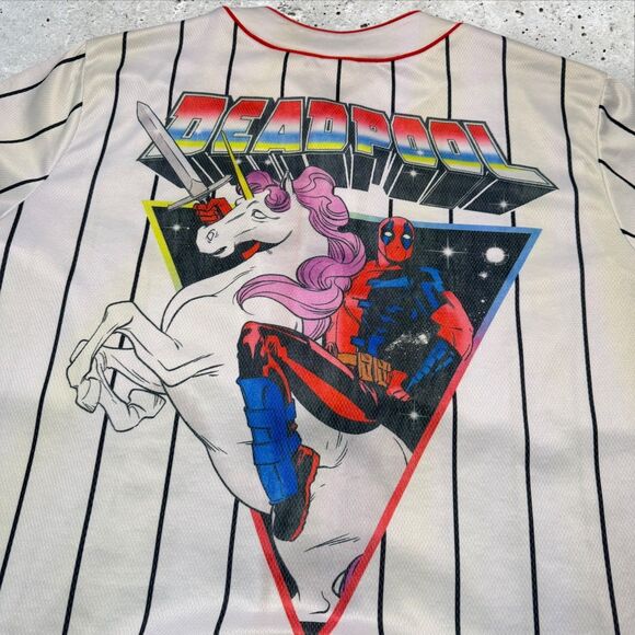 Marvel Deadpool Unicorn Baseball Jersey XL Pinstripe Red Trim Button-Up C-Life - Picture 7 of 10